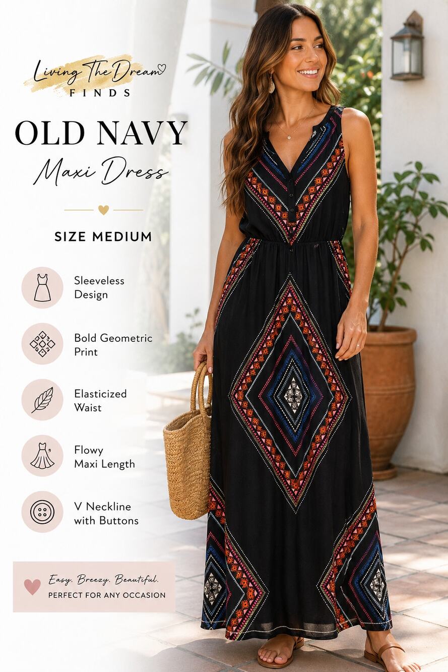 Old Navy Women’s Medium Maxi Dress Black Geometric Print Sleeveless Boho